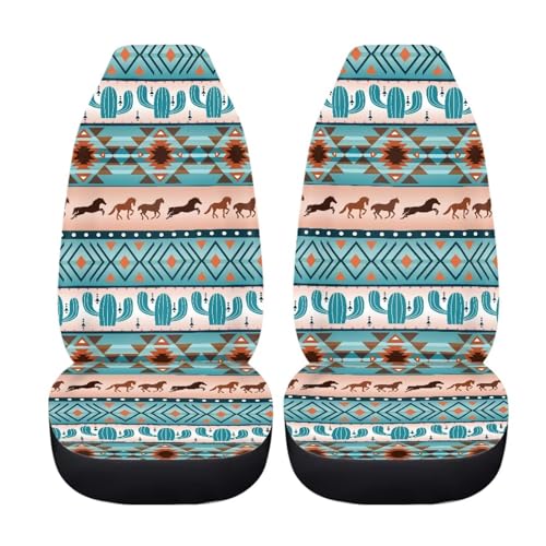 Vintage Tribal Aztec Horse Cactus Print 2 Piece Car Seat Covers Front Seats Only Universal Bucket Seat Protector for Trucks SUV Van Boho Car Accessories Interior Aesthetic - color: Aztec Horse Cactus Print-Blue