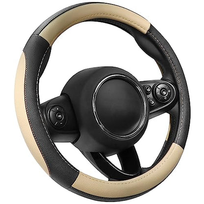 SEG Direct Car Steering Wheel Cover for Prius Civic Model 3 Model Y Camaro, Small Size 14-14.25 inch, Black and Beige Microfiber Leather - color: Black and Beige, size: Small size[14''-14 1/4'']