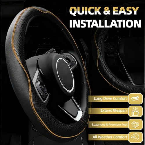 NBTEPEM 6 PCS Car Steering Wheel Cover Set, Microfiber Leather Steering Wheel Covers Universal 14.5-15 inch, Center Console Cover, Seat Belt Cushion, Cup Holder Coaster, Car Accessories Set Beige - color: Black with beige, size: Steering Wheel Cover Set