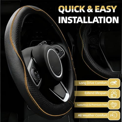 NBTEPEM 6 PCS Car Steering Wheel Cover Set, Microfiber Leather Steering Wheel Covers Universal 14.5-15 inch, Center Console Cover, Seat Belt Cushion, Cup Holder Coaster, Car Accessories Set Beige - color: Black with beige, size: Steering Wheel Cover Set