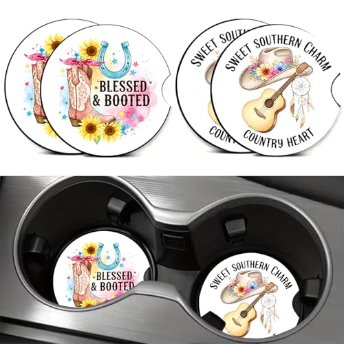 4PCS Cowgirl Car Cup Holder Coasters, Cool Western Car Coasters Cars Accessories Interior Decor Universal Neoprene 2.75" Anti-Slip Rubber Mat with Finger Slot, Cowgirl Gifts for Women, Men, Driver - color: Cowgirl