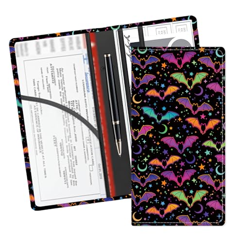 Leather Car Registration and Insurance Card Holder, Cute Car Accessories Vehicle Glove Box Car Organizer for Documents, Cards, License Colorful Purple Bats - color: Colorful Purple Bats