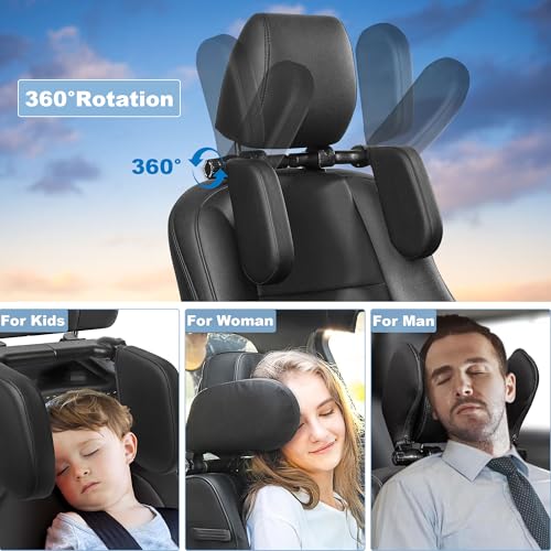 Car Headrest Pillow, Adjustable Head Rest Pillow for Car Seat, Head Neck Support for Kids Adults Travel Sleeping, Fit for Headrest with Poles (Black)