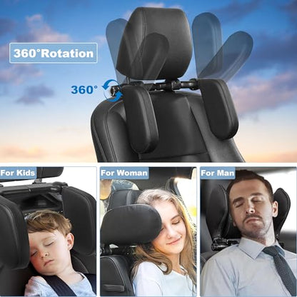 Car Headrest Pillow, Adjustable Head Rest Pillow for Car Seat, Head Neck Support for Kids Adults Travel Sleeping, Fit for Headrest with Poles (Black)
