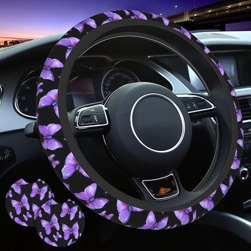 Butterfly Purple Steering Wheel Cover Beauty Butterfly Purple Steering Wheel Cover Breathable Universal for 15 Inch Anti-Slip Car with 2 Pieces Car Coasters Suitable for Men Women Butterfly - color: Butterfly Purple