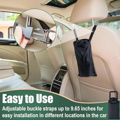 2 PCS Car Trash Bags, Car Accessories Washable Garbage Bag Hanging, Detachable Trash Can with Top Elastic Vent & Sticky Strap Bottom Opening, Seat Back Tash Bag for Cars,Travelling,Outdoor