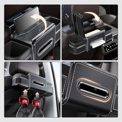 Multifunctional Car Seat Back Organizer Box with Drink Cup Holder, Makeup Mirror, Tissue Box& Hooks for Car Seat Back, New Upgrade Car Headrest Backseat Organizer Suitability for Wife, Girlfriend