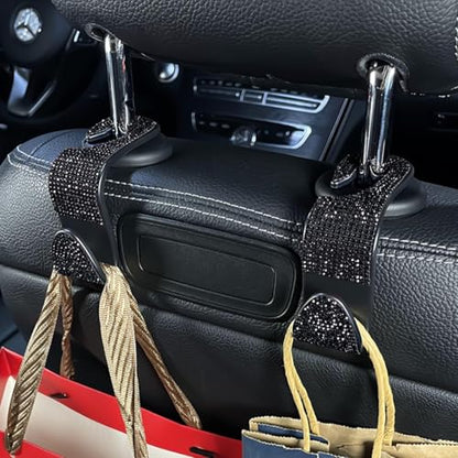 4PCS Bling Car Seat Headrest Hooks, Vehicle Back Seat Purse Handbag Hanging Holder with Crystal Rhinestone, Diamond Storage Organizer Hook, Universal Automotive Accessories (Pink)