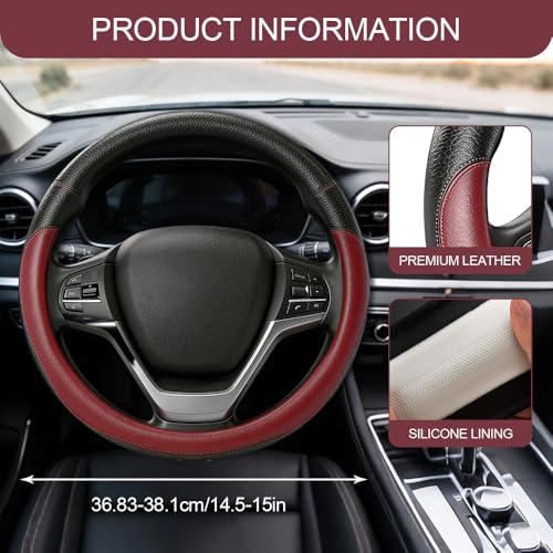 Car Steering Wheel Cover, Durable Leather Cover with Anti-Slip Lining, Microfiber PU Leather Elastic Steering Wheel Protector, Comfortable Non-Slip Steering Wheel Covers for Autos (Wine Red) - color: Wine Red