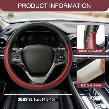 Car Steering Wheel Cover, Durable Leather Cover with Anti-Slip Lining, Microfiber PU Leather Elastic Steering Wheel Protector, Comfortable Non-Slip Steering Wheel Covers for Autos (Wine Red) - color: Wine Red