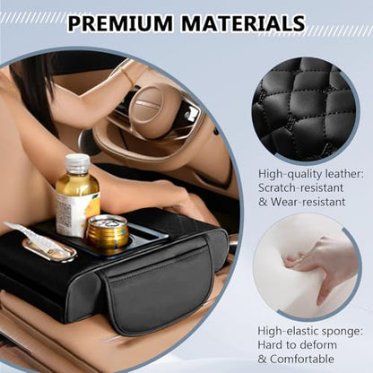 Funvalley Surperfect 5-in-1 Center Console Cover with Cup Holder & Phone Slot, Universal Car Armrest Cushion Organizer, Leather Armrest Cover for Car - style: Style-A