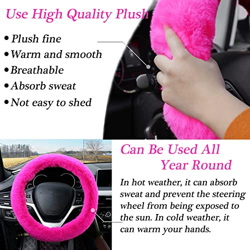 WenMei 4PCS Set Fluffy Steering Wheel Covers with Handbrake Cover&Gear Shift Cover&Plush Keychain Furry Steering Wheel Cover for Women Girl Fashion Warm Car Wheel Protector Fit Most Car (Rose red) - color: Rose red
