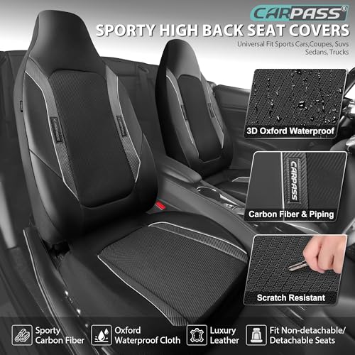 CAR PASS High Back Car Seat Cover Two Front Seats, Sporty Carbon Fiber 3D Waterproof Oxford Luxury Leather All Weather Bucket Seat Cover, Airbag Compatible Universal Fit Car Suv Sedan Truck Black Gray - color: Black and Gray