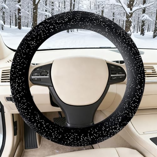 Black Bling Starry Sky Furry Steering Wheel Cover, Universal 14.5-15 Inch Winter Plush Warm Steering Wheel Cover, Soft Fluffy, Anti-Slip Design, Soft Texture - color: Black Starry Sky Plush