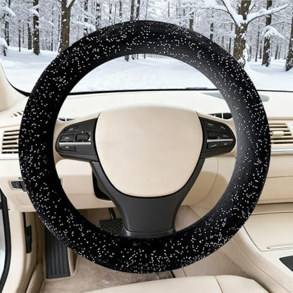 Black Bling Starry Sky Furry Steering Wheel Cover, Universal 14.5-15 Inch Winter Plush Warm Steering Wheel Cover, Soft Fluffy, Anti-Slip Design, Soft Texture - color: Black Starry Sky Plush