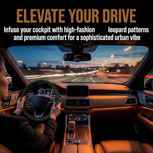 Black Leopard Print Steering Wheel Cover for Women,Universal 14-15 Inch Anti-Slip Breathable with 2 Pieces Car Coasters Cheetah Animal Print Car Wheel Cover Accessories - color: Leopard Black