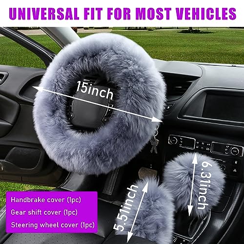 3PCS Wool Steering Wheel Cover with Fuzzy Handbrake Cover & Gear Shift Cover, Universal 15 Inch Steering Wheel Fluffy Soft Protector, Comforting Warm Car Decoration for Women Men (Gray) - style: Gray