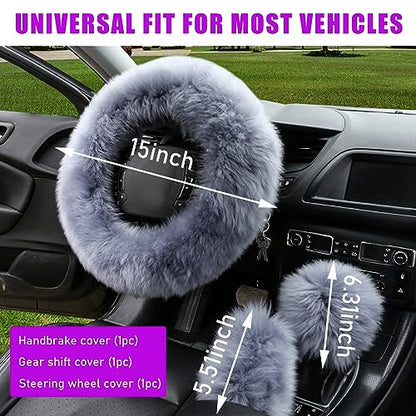 3PCS Wool Steering Wheel Cover with Fuzzy Handbrake Cover & Gear Shift Cover, Universal 15 Inch Steering Wheel Fluffy Soft Protector, Comforting Warm Car Decoration for Women Men (Gray) - style: Gray
