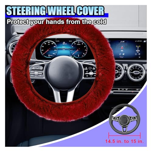 10PCS Fluffy Car Accessories Set, Furry Steering Wheel Cover with Warm Fuzzy Gear Shift Cover Ball Keychain Handbrake Cover Console Seat Belt Shoulder Pads & Diamond Ignition Ring Cup Mats (Red) - color: Red