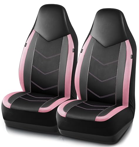 PIC AUTO Leather Car Seat Covers, Sports Carbon Fiber & Mesh Design, High-Back Two Front Set, Waterproof Automotive Seat Covers, Airbag Compatible, Universal Fit for Most Cars (Black & Pink) - color: Pink, size: Two Front