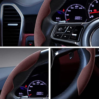 Car Steering Wheel Cover, Microfiber Suede Leather and Carbon Fiber Double Sided Design, Warm in Winter and Cool in Summer, Breathable Non Slip Segmented Protector for Most Cars (Turn Fur/Coffee) - color: Turn Fur/Coffee