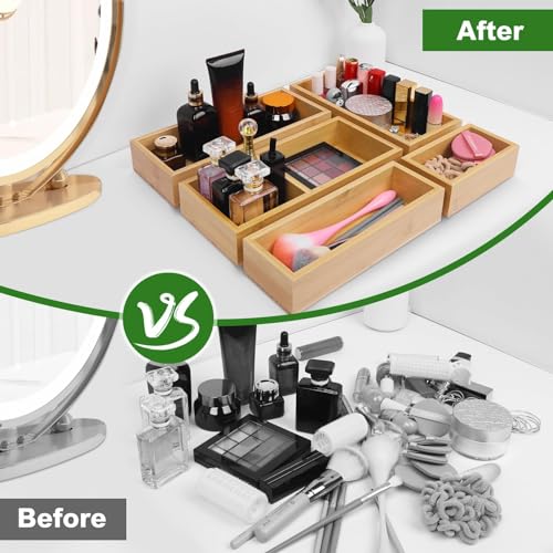 Bamboo Drawer Organizer Set, 5 PCS Multi-Use Individual Wood Storage Organizers, Junk Drawer Divider and Storage Trays Containers for Kitchen, Bathroom, Office Desk, Makeup, Jewelry, Utensils - size: 5