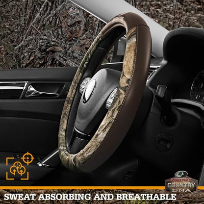 Mossy Oak Camo Steering Wheel Cover, Durable Grip Car Steering Cover, Universal Fit 14.5"–15.5" - Made with Premium Brown PVC Leather and Cotton Fabric, Anti-Slip - Official Licensed Product - color: Brown