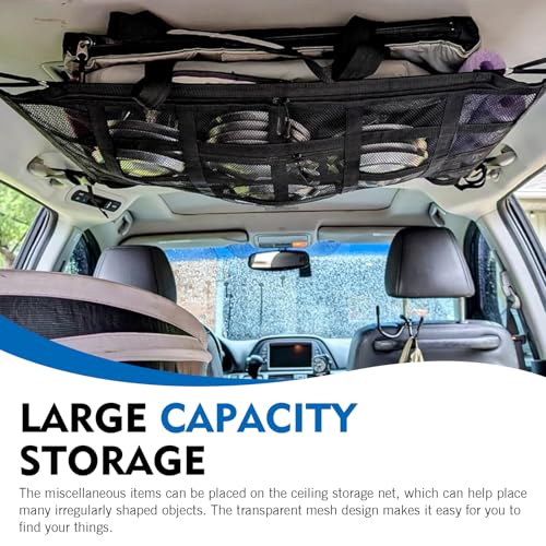 WZP Car Ceiling Cargo Net, 31.5" x 20.9" Double-Layer Mesh Car Roof Storage Ceiling Cargo Net with Adjustable D-Buckle, Universal Auto Accessories for SUVs, Road Trips, Camping Essentials