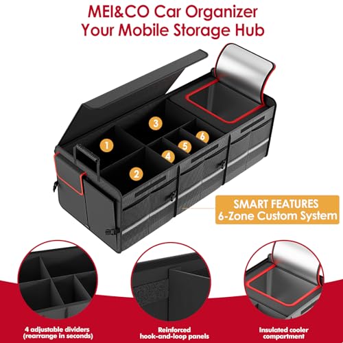 MEI&CO Car Trunk Organizer - 2.5mm PP Board Built, 35L Leakproof Cooler, 105L Capacity, 2 Tie-Down Straps, 4 Adjustable Dividers, Foldable Design for SUVs, Trucks, and Cars