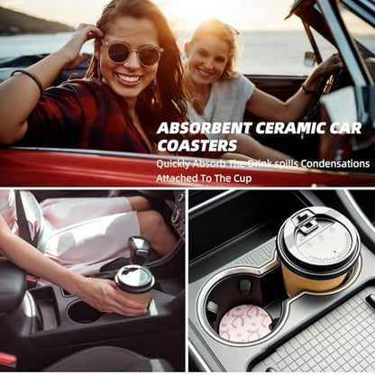 4Packs Car Coasters for Cup Holders，2.6 Inch Absorbent Ceramic Coasters with A Finger Notch Universal Anti Slip Auto Cup Holder Coasters Cute Car Accessories for Women Girls (Bow, Pink and Black)