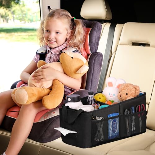 HEYSKAY Car Seat Organizer-Passenger Seat Organizer, Collapsible Small Car Seat Organizer for Console Front/Back, Car Caddy with 4pc Drink Holders Automotive Backseat Organizer for Kids - color: Black
