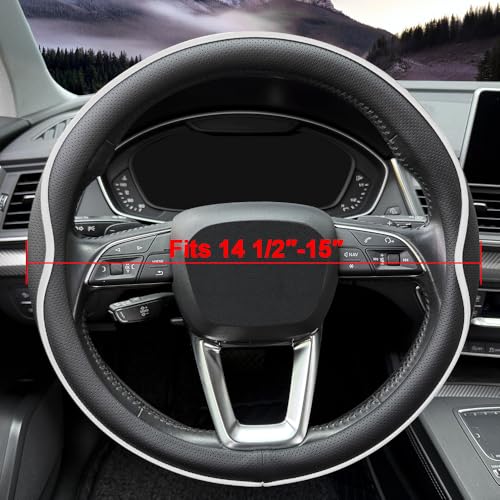 HAOTULE Leather Steering Wheel Cover， with Anti-Slip Stripe Design - Enhanced Grip, Fashion Style, Safe, Non-Slip, Breathable. Upgrade car Interior，Black White - color: Black White