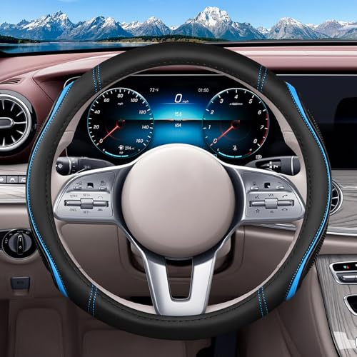 Leather Splicing Black Blue Car Steering Wheel Cover,14.5-15 Inch Universal Microfiber Leather Covers Breathable Anti-Slip Odorless Steering Wheels Accessories for Men Women - color: Leather Splicing - Black Blue