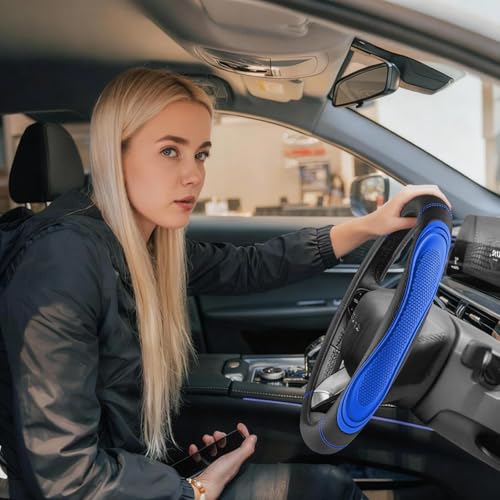 Blue Film Splicing Leather Steering Wheel Cover, Microfiber Leather, Anti-Slip, Breathable, Universal Fit for 14.5–15 in Steering Wheel Cover for Men Women - color: Film-Grained - Blue