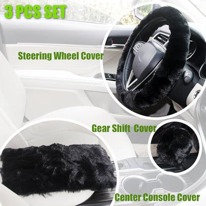 Furry Car Steering Wheel Cover with Fluffy Gear Shift Cover and Center Console Cover, Soft Warm Plush Non-Slip, 14 1/2-15 inch, for Women Girls 3 PCS Set, Black - color: 3 pcs set - black
