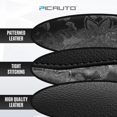 PIC AUTO Steering Wheel Cover, Black Patterned Leather Patchwork Design, Universal Fit 14.5"–15.5", Anti-Slip, Odor-Free, Soft PU Grain Leather, Durable Grip Car Accessory for Girls & Women