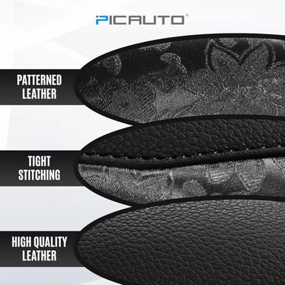 PIC AUTO Steering Wheel Cover, Black Patterned Leather Patchwork Design, Universal Fit 14.5"–15.5", Anti-Slip, Odor-Free, Soft PU Grain Leather, Durable Grip Car Accessory for Girls & Women