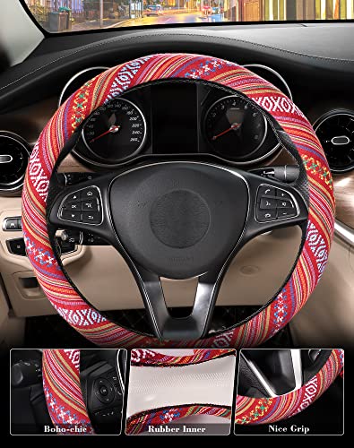 SEG Direct Boho Steering Wheel Cover with Baja Blanket Cloth, Ethnic Style Auto Wheel Cover Made of Coarse Flax, Fits 14 1/2-15 1/4 inches Car Wheel - color: Rosy Clouds