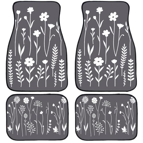 Boho Flower Car Floor Mats Set of 4 Minimalist White Floral Line Art Grey Automotive Foot Mats Rugs Carpet for Car Non-Slip Auto Car Accessories Universal Fit for Car SUV Truck Van - color: Boho Flower