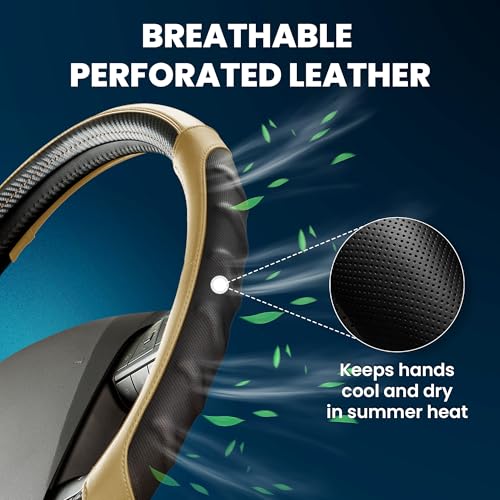 18 Inch Semi Truck Steering Wheel Cover for Freightliner Cascadia, Kenworth T680 T880, Peterbilt 579 & Volvo VNL – Heavy Duty Anti-Slip Leather Grip for Big Rig Class 8 Trucks – Brown - color: Tan