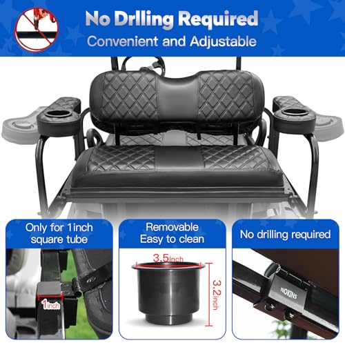 Golf Cart Seat Covers for Club Car Precedent, Vinyl Front&Rear Seat Cover with Flip-Up Armrests kit, with Cup Holder, for 1" Square Tube (Black&Black Stitching)