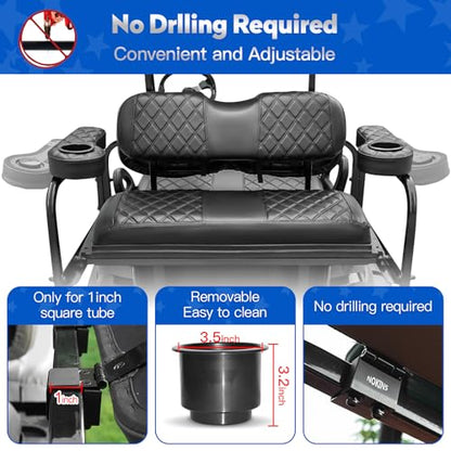 Golf Cart Seat Covers for Club Car Precedent, Vinyl Front&Rear Seat Cover with Flip-Up Armrests kit, with Cup Holder, for 1" Square Tube (Black&Black Stitching)