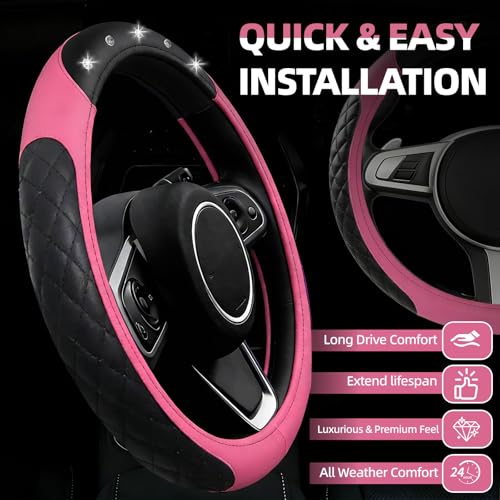 NBTEPEM 6 PCS Bling Car Accessories Set, Leather Steering Wheel Covers Universal 14.5-15 inch, Center Console Cover, Seat Belt Cushion, Cup Holder Coaster (Pink) - color: Pink