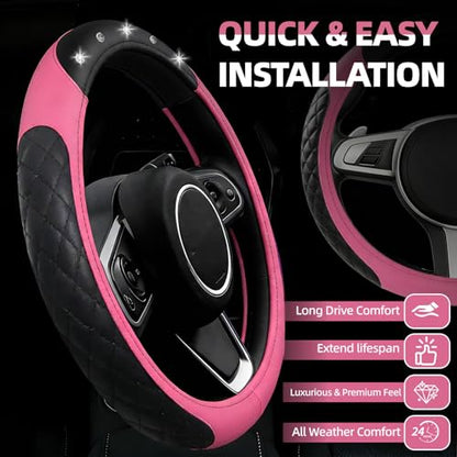 NBTEPEM 6 PCS Bling Car Accessories Set, Leather Steering Wheel Covers Universal 14.5-15 inch, Center Console Cover, Seat Belt Cushion, Cup Holder Coaster (Pink) - color: Pink