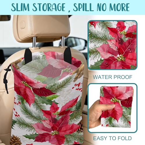 Car Garbage Bag Red Poinsettia Xmas Green Leaves Drawstring Car Trash Bag Hanging for Back Seat with Adjustable Buckle Canvas Vehicle Trash Can Easy-to-Install - color: Red Poinsettia Xmas Green Leaves