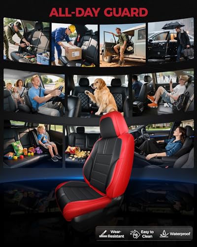 FREESOO Universal Full Seat Covers, Waterproof Faux Leather Automotive Seat Covers with Carbon Fiber Texture Seat Belt Pads, Anti-Slip Airbag Compatible Car Seat Covers for Cars SUVs Trucks - color: Red Black, size: Full Set - 5 Seats