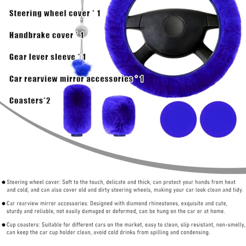 Yourkar 6 PCS Fluffy Steering Wheel Covers Set, 15 Inch Soft Steering Wheel Cover, Handbrake Cover & Gear Shift Cover & Cup Holder Coaster & Car Mirror Accessory, Car Accessories (Royal Blue) - color: Royal Blue