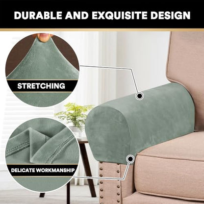 2 Pack Thick Velvet Stretch Armrest Covers for Chairs and Sofas Armchair Covers for Arms Couch Arm Covers Armrest Covers for Sofa Non Slip, Seagrass - color: Seagrass