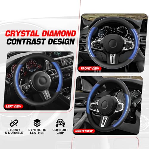 Auto Dynasty Steering Wheel Cover, Breathable Microfiber Leather Car Steering Wheel Protector with Black Blue Contrast Stitching, Anti-Slip, [14 1/2 to 15 Inches] Universal Fit Cars Trucks SUVs - color: Contrast Blue
