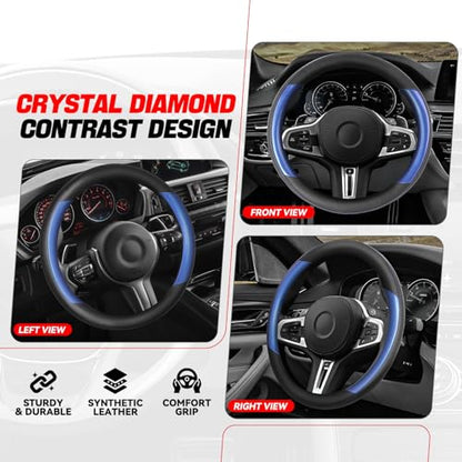 Auto Dynasty Steering Wheel Cover, Breathable Microfiber Leather Car Steering Wheel Protector with Black Blue Contrast Stitching, Anti-Slip, [14 1/2 to 15 Inches] Universal Fit Cars Trucks SUVs - color: Contrast Blue